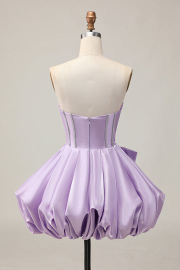 Sparkly Purple A-Line Strapless Sequins Short Prom Dress with Bow